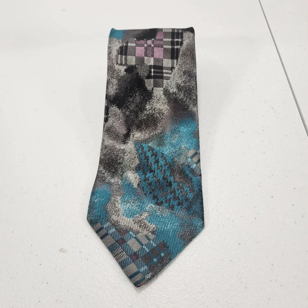 Bally Vintage Silk Tie Made in Italy 58 in Abstract Patchwork Blue Grey Black